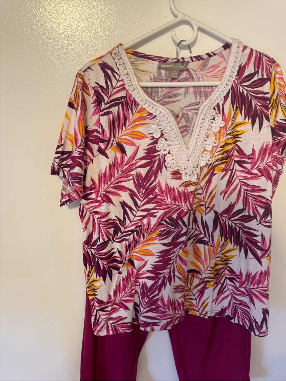 Woman Within White Floral Leaf Short Sleeve Tunic with Lace V-Neck